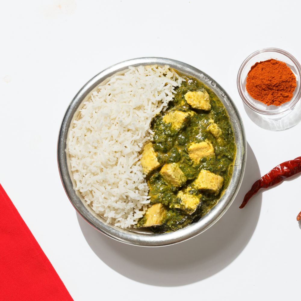 Indian as Apple Pie Palak Paneer packaging with food image and text.